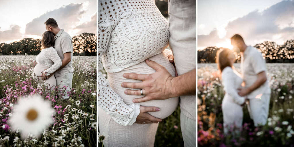 Collage 3 Bilder aus einem Babybauchshooting, Nahaufnahme Babybauch, werdende Mutter steht mit Partner in einer Blumenwiese, laufen über das Blumenfeld, warum Babybauchshooting machen