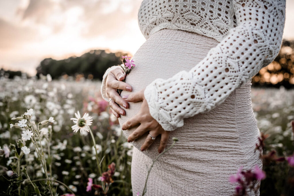 Nahaufnahme eines Babybauchs, Hände mit einem Blümchen liegen auf dem Bauch, werdende Mutter steht in einer Blumenwiese, warum Babybauchshooting machen